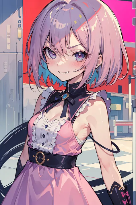 (best quality:1.2), (highest quality:1.2), (perfection:1.1), (flawless:1.1), urban street, 1girl, (evil face, dominant look:1.1), (sharp smirk:1.2), (loli:1.1), cute short pink dress, (blushing:1.1), colorful short hair, small breasts, (best quality eyes:1...