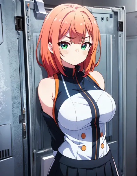 aika,bangs,(light green eyes),frown,sleeveless clothes,skirt,indoor room,orange hair,blush,(large breasts:1.55),(shiny,hair),((solo)),((masterpiece)),((best quality)),perfect anatomy,slim waist,perfect image,8k UHD,(beautiful detailed eyes:1.5),extremely d...