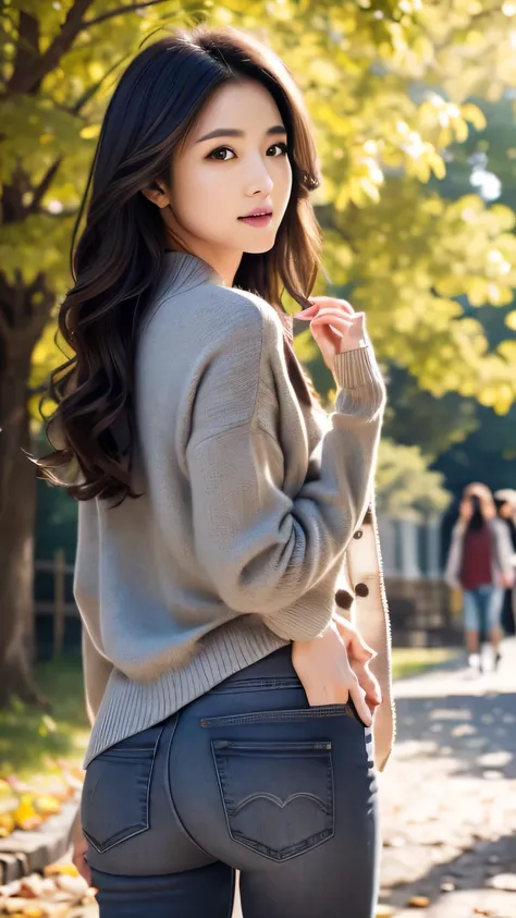 a grey chiffon top and an olivedrab cardigan、black slim jeans、(((taking a walk)))、sunny park、long black hair fluttering in the w...