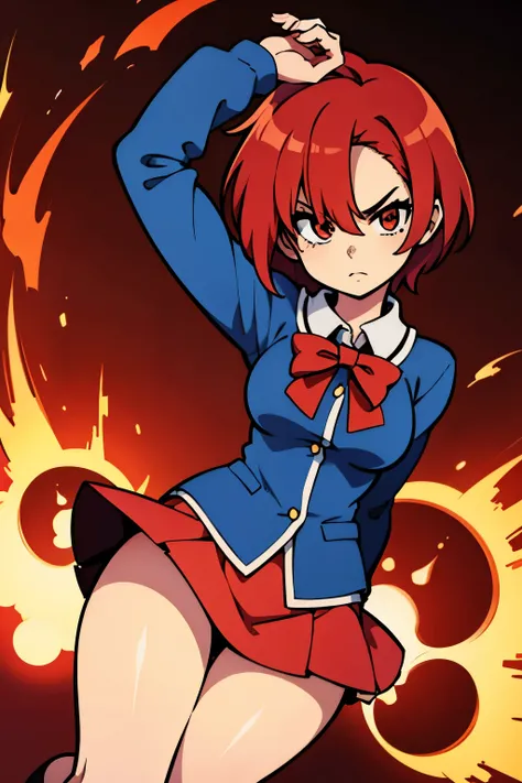 2D anime girl wearing a short skirt and red hair 