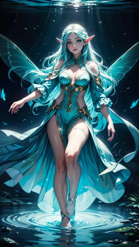 (best quality,highres,masterpiece:1.2),ultra-detailed,realistic,detailed face,butterflies, beautiful eyes, long eyelashes, fairy-like, flowing hair, vibrant colors, glowing neon lights, magical, enchanting scene, water reflection, ethereal atmosphere, woma...