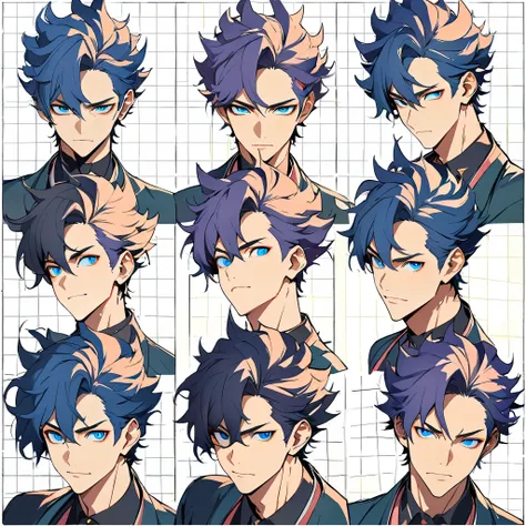 anime boy, dark blue hair, blue eyes, head, same boy, different angles, grid, 9 faces, high quality, concept, handsome, spiky ha...