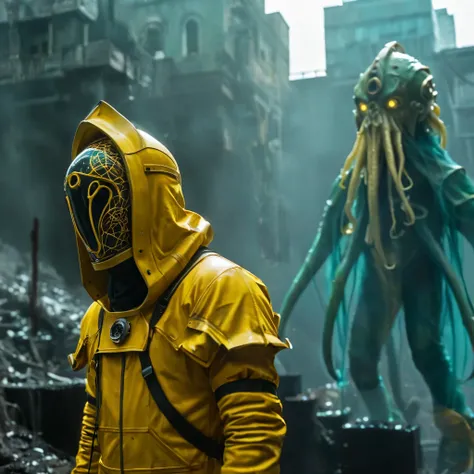 Horror-themed,  In an ancient and mysterious city a person wearing a yellow helmet with yellow spikes on it carcosa city style, Don Bluth Style ASTRONAUT Cthulhu yellow Toon Doll, full body RAW candid cinema, cyan hair, 16mm, color graded portra 400 film, ...