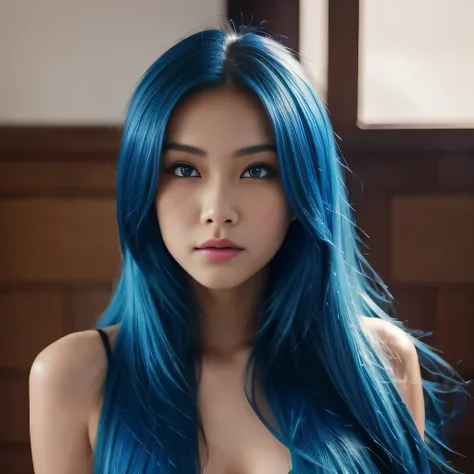 Belle fille, Asian model, 21 ans, model with electric blue hair, En regardant la caméra, woman with a beautiful face, long hair woman, Blue eyes