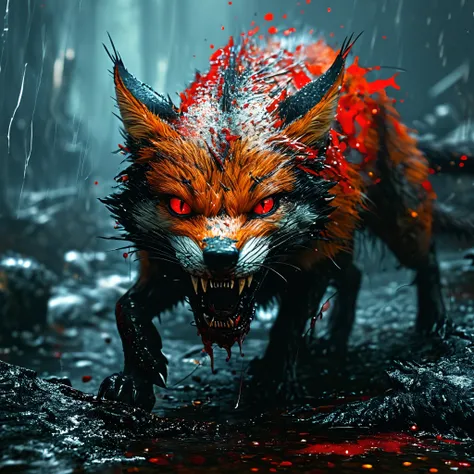 A fierce and terrifying demonic fox spirit crawling amidst a dark and eerie setting. Its fur is intricately detailed, mottled with shades of black and crimson. Sharp, gleaming claws rip through flesh with brutal intensity, while blood splatters and gore cr...