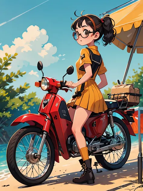 32k，uhd high resolution，octane rendering，steampunk，(hyper detail: 1.2)，girl riding a super cub、morning，morning靄，cute，very short ...