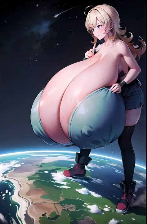 ((giantess), (((((huge breast))))), Pleasure, Long legs, Sweat, breast milk, tuscaloosa_kantaicollection, Underarm, She has something between her breasts, paizuri, A woman bigger than the Earth, A woman in space, Her chest is bigger than the Earth., Earth,...