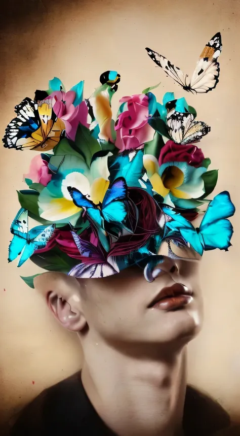 there is a man with a flower head with butterflies on it, inspired by Marco Mazzoni, surreal collage, collage artwork, surreal illustration, collage art, surrealism aesthetic, inspired by James Jean, emotional surrealist art, surrealism portrait, digital c...