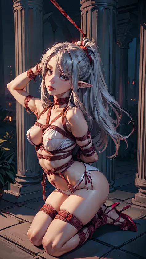 (((Vibrator under panties,shibari,bdsm))),(((shibari over clothes,rope,bound,restrained,against pillar))),pillar,alice,vampire,grey hair, long hair, red eyes, pointy ears, small breasts,etailed eyes, detaield hands, detailed face, elf woman, full body
