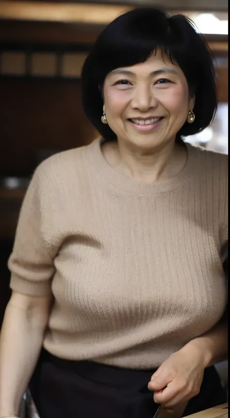 Osakas aunt、Organic Photography、Highest quality、masterpiece、Ultra-high resolution、Beautiful Japanese old lady、60 years old、Looking at the audience、Elegant face、Smiling with teeth showing、Big Breasts、Wearing a plain short-sleeved knit、Short Hair、mini skirt、...