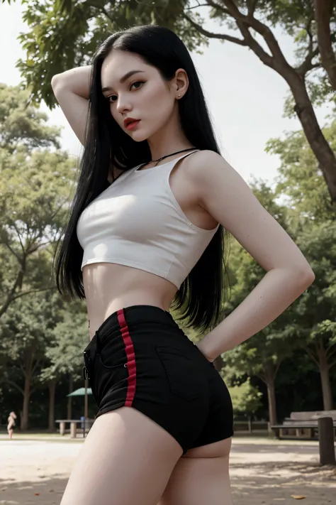 Pale skinned woman, long black hair, thin, wearing a black crop top and red baggy shorts, in a park 