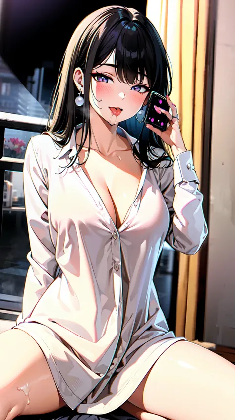 （（super high quality,Ultra-high resolution,4K,8k,super masterpiece,Ultra HD））,Dim bedroom at night, （（One sexy woman））,（（（（popped collar White shirts,High collar））））,（Sleeves folded back to the elbow,（（Tight collar,Cleavage））,Spread your legs,Big penis,Pen...