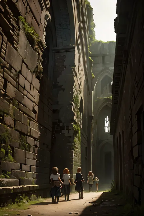 two nine-year-old girls and a fifteen-year-old girl explore a ruined abbey, dark atmosphere, spooky place, darkness, eerie shado...