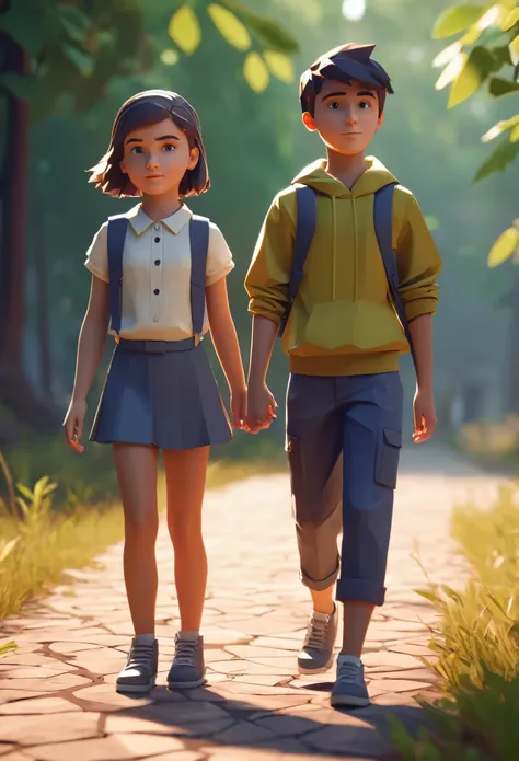 lowpoly, a boy and a girl htogether, cinematic lighting, octane render, epic realistic, low poly count, stnad up, full body, no background