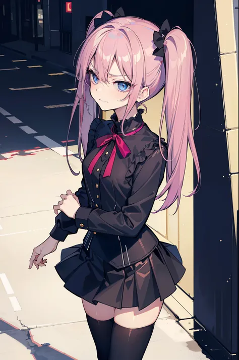 (best quality:1.2), (highest quality:1.2), (perfection:1.1), (flawless:1.1), urban street, 1girl, crazy girl, (serious look, dark look, disgusted look:1.2), (evil smirk:1.1), short height, blouse, short skirt, twin tails hair, small breasts, (best quality ...