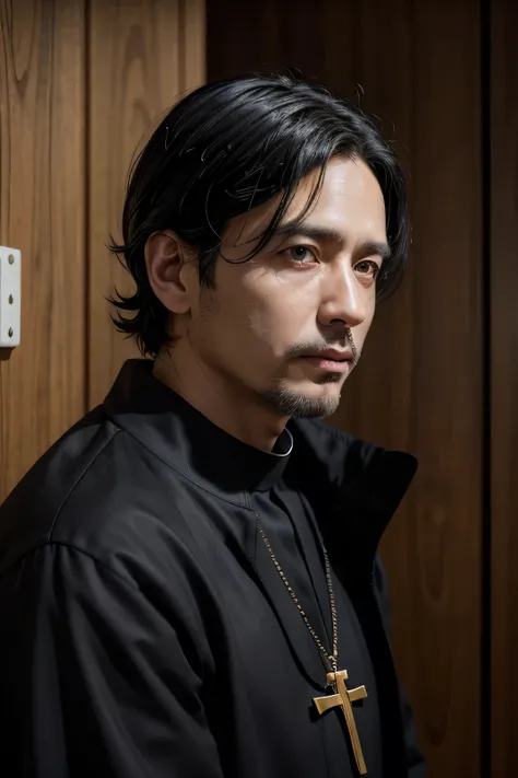 44-year-old man, medium-length black hair, priest