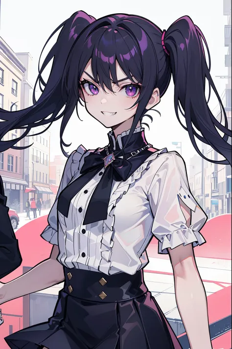 (best quality:1.2), (highest quality:1.2), (perfection:1.1), (flawless:1.1), urban street, 1girl, crazy girl, (serious look, dominant look:1.2), evil sharp grin, short height, blouse, short skirt, twin tails hair, small breasts, (best quality eyes:1.1), hi...