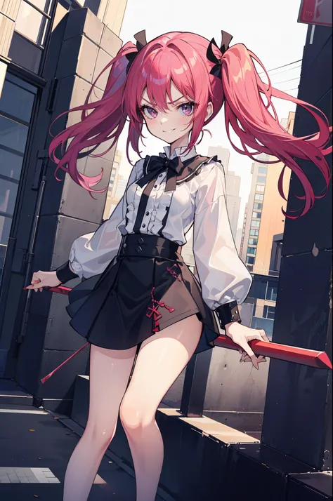 (best quality:1.2), (highest quality:1.2), (perfection:1.1), (flawless:1.1), urban street, 1girl, crazy girl, (serious look, dominant look:1.2), evil sharp smirk, short height, blouse, short skirt, twin tails hair, small breasts, (best quality eyes:1.1), h...