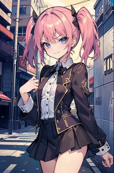 (best quality:1.2), (highest quality:1.2), (perfection:1.1), (flawless:1.1), urban street, 1girl, crazy girl, (serious look, dominant look:1.2), evil sharp smirk, short height, blouse, short skirt, twin tails hair, small breasts, (best quality eyes:1.1), h...