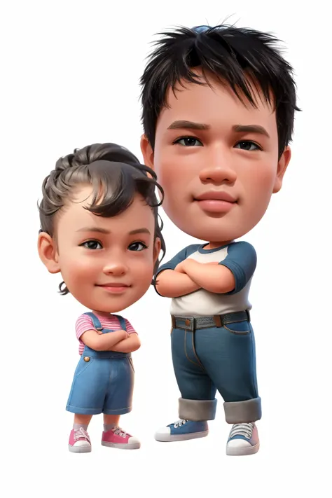 3d cartoon caricature, An eight year old smiling brother and a three year old sister, standing in a pose, stylish, cute, beautiful hair, 3D render, 3D Cartoon, big head, cartoonish look, high resolution, super detail, soft lighting