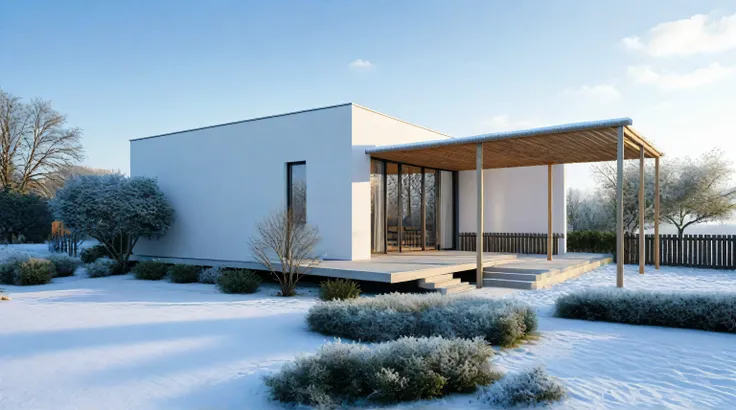 rendering of a house in the snow with a covered patio, all white render, architecture render, detailed archviz render, detail render, architectural render, detailed render, very detailed render, render in vray, fully detailed render, lumion render, high de...