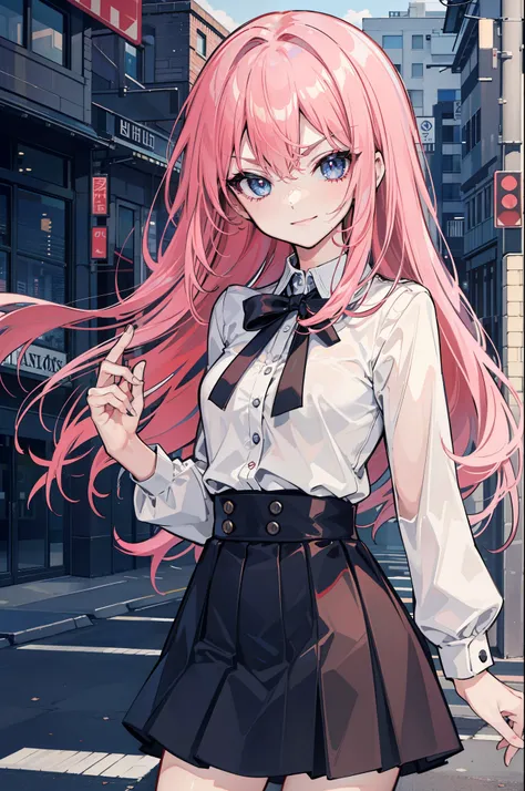 (best quality:1.2), (highest quality:1.2), (perfection:1.1), (flawless:1.1), urban street, 1girl, crazy girl, (dominant look:1.3), evil smirk, short height, blouse, skirt, (straight hair:1.1), small breasts, (best quality eyes:1.1), highly detailed, 8k, be...