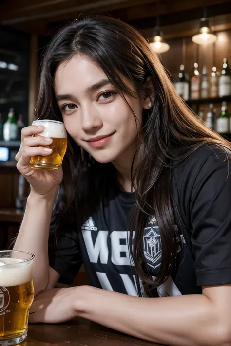  with long hair, wearing a Vasco da Gama shirt, having a beer at a bar enjoying his beautiful night with his smile 