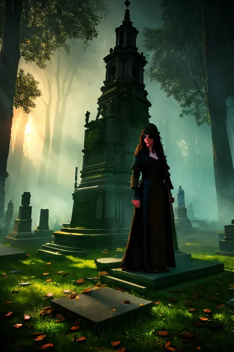 cinematic, vampire slayers, walks in an gothic cemetery at night wearing a gothic steampunk fashion dress, fog and rainy conditi...