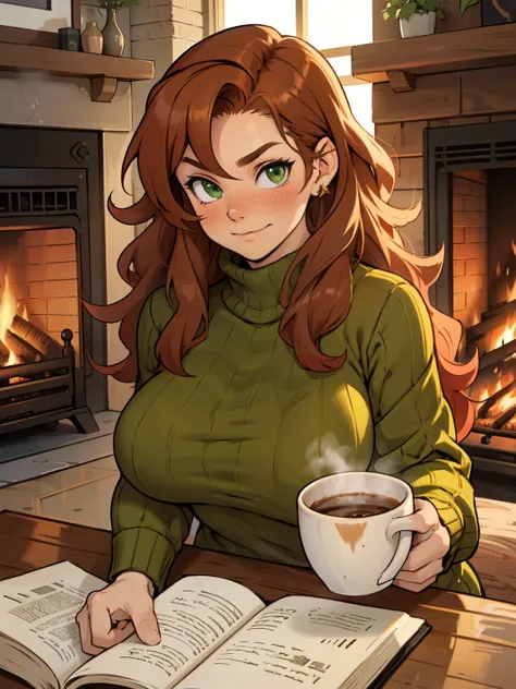 girl redhead green eyes wavy hair curly hair voluminous hair joyful cozy indoors brown sweater home warm fireplace massive breasts thick blush fur carpet coffee mug 