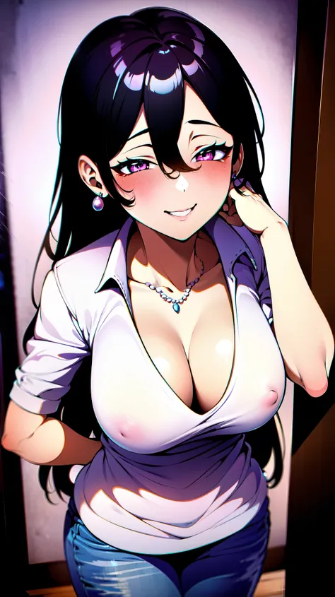 （（super high quality,Ultra-high resolution,4K,8k,super masterpiece,Ultra HD））,Dimly lit room,A view looking up from directly below,One sexy woman,（popped collar White shirts）,High collar,Denim pants,Tight collar,Black hair straight short,Sharp Eyes,Ahegao,...