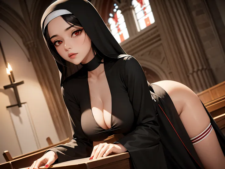 Woman, Black Hair, Long Hair, (Red Eyes) Large Breasts, Sexy Nun Outfit, in Church, At Night