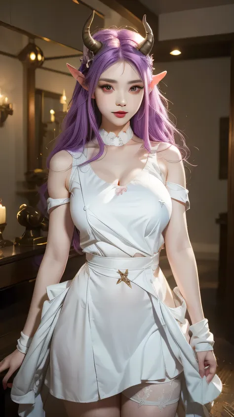 there is a woman with purple hair and horns on her head, succubus | medieval, cute horns, ((half - demon horn)), red horns, with...