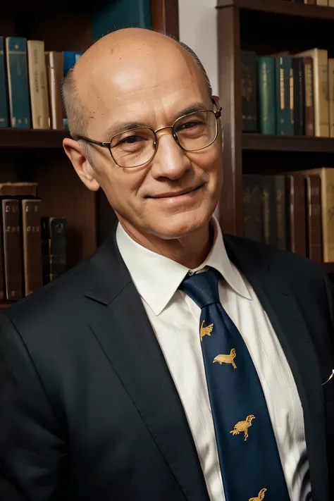 Man, elderly, 61, in black suit, white shirt ,blue tie with gold eagle print, wearing glasses, bald, looking at the camera, smiling, background of a private library, green eyes, flat nose, caucasian