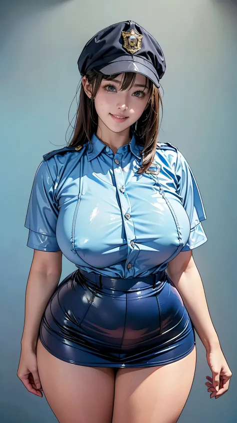 Blue blank background, (1girl:1.3), Photo from the waist up, Anatomically correct, Accurate Anatomy, The classic pose of a police officer, (Fitted clothing, Camel Knob, A light blue fitted shirt made of latex, A mini skirt made of blue latex material, Poli...