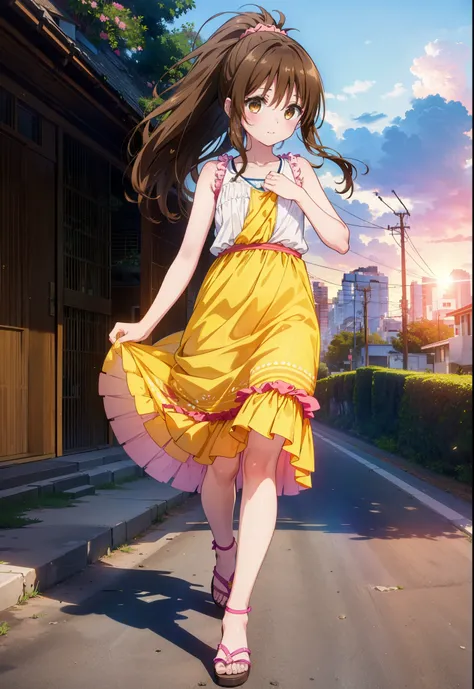 Yuki mandarin orange, (Brown eyes:1.5), Brown Hair, hair ornaments, hair Scrunchie, Long Hair, pink Scrunchie, Scrunchie,ponytail, (Flat Chest:1.2),smile,blush,Open your mouth,Sleeveless dress,Long skirt,Cute heeled sandals,Walking,morning陽,morning,The sun...