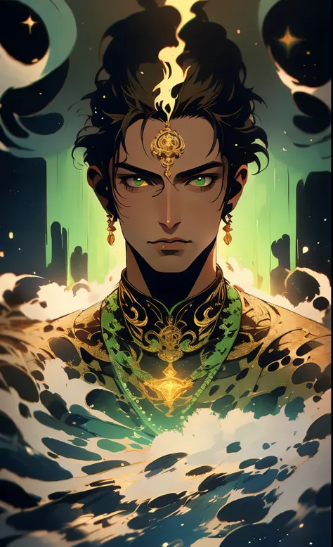 a man with olive skin, green eyes, long dark hair in ponytail, wearing green indian-style clothing with gold accents, water mage...