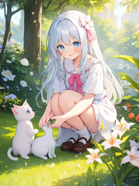 A beautiful girl playing with a pure white kitten.