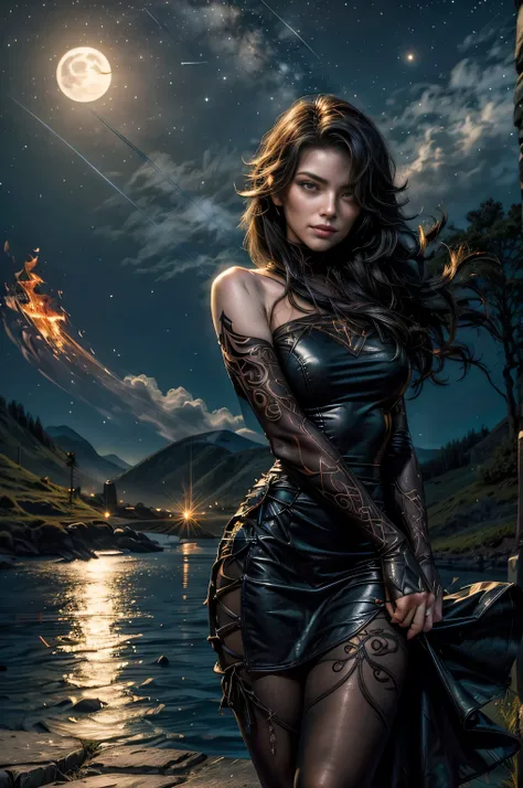 (masterpiece, best quality:1.2), cowboy shot, solo, 1girl, cinder fall, looking at viewer, long hair,black dress, elbow gloves, pantyhose, holding flames, near gothic church, on hillside, mountains in distance, waterfall, crowd, night, stars, moon (volumet...
