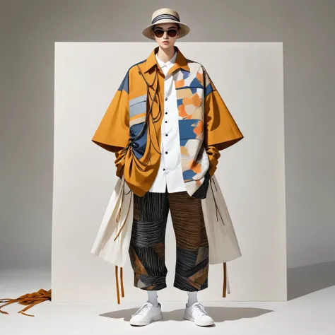 candid fashion illustration a group of young 2man and 1girl, aged 18-23 year old, tall and slender, Mixed race super model, ((showcase in fashionable linen outfits inspired by designer Yohji Yamamoto)), in elegant and Avant-garde Fashion style of ((hand-wo...