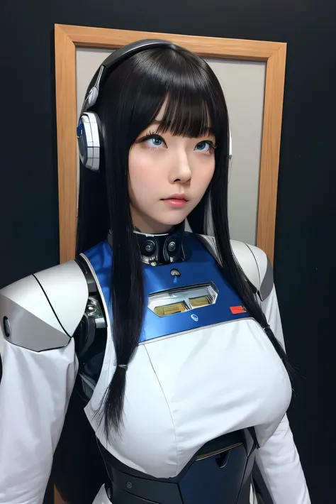 masterpiece, best quality, extremely detailed, Japaese android girl,portrait,Plump,a bit chubby,control panels,android,Droid,Mechanical Hand, Robot arms and legs, Black hair,Blunt bangs,perfect robot girl,long tube,thick cable connected her neck,android,ro...