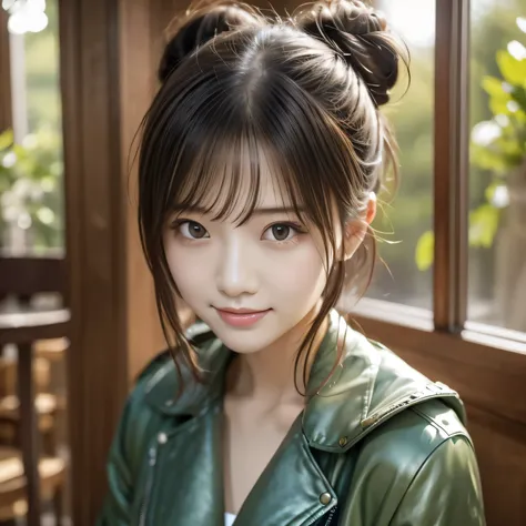 ((Hair Bun:1.3,lewisleathers doubleriderjacket,Riders jacket、Oversized cargo pants、White camisole at inner、Expressionless、美しいJapanese people women、cute、Small breasts))、university student、22 years old、Hair tied up、1people、Very beautiful Japanese idol portra...