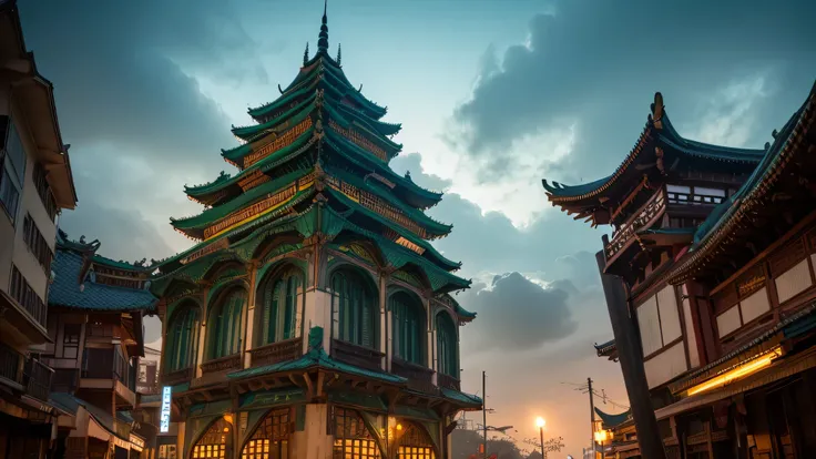 BJ_Sacgreen_bEast,green_eye,Outdoor,Horn,null,cloud,no_human,bird,cloudy_null,scenery,stage,Fantasy,snake,architecture,East_Asian_architecture,Eastern_snake,Cinema Lighting,Strong contrast,High level of detail,Highest quality,masterpiece,