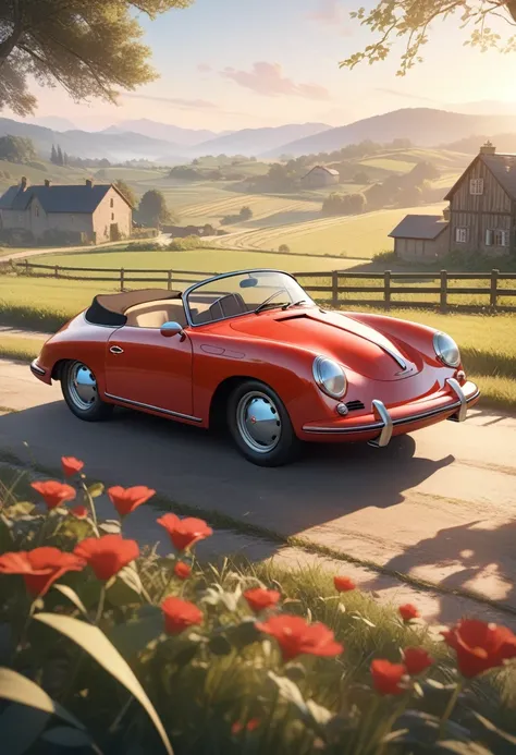 ((Masterpiece)), ((Best Quality)), (Very Detailed), ((Very Detailed)), 4K, (8K), very aesthetic, absurdres highres, A metallic red Porsche 356 in soft morning light with a rural landscape in the background. It has a nostalgic feel. The cars classic wheels ...