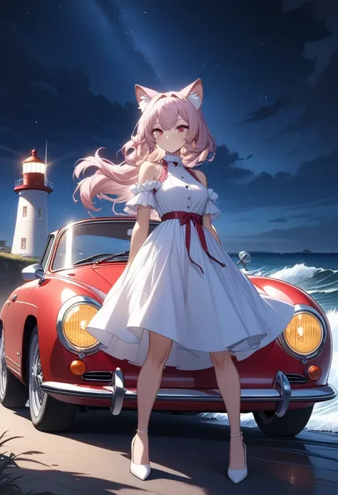 ((Masterpiece)), ((Best Quality)), (Very Detailed), ((Very Detailed)), 4K, (8K), very aesthetic, absurdres highres, 1 woman, (anthropomorphic cat, furry, kemono:1.5), A beautiful female model leans against a metallic red Porsche 356 on a road along the coa...