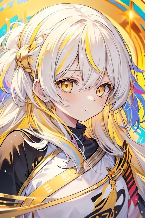 girl, cute anime girl, white hair, hair in a braid on the side, long hair, messy hair, wavy hair, yellow eyes, (((Best Quality: 1.4))), (((golden Colorful: 1.3)))
