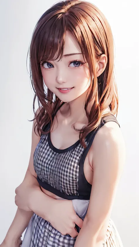 (((Cowboy Shot、Womens solo shots、Oil、Pure white wall background、masterpiece、Highest quality、High resolution)))、Redhead、Bob Hair、(((Wearing a black tank top)))、(((a gingham tank top)))、Fashionable hairstyles、Red cheeks、((No Shadow、Frame In))、Cute Face、((Sma...