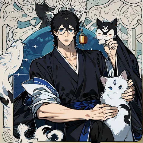 1boy, handsome, black hair, blue eyes, serious, muscular body, black and blur japanese clothes, black glasses, male nekomata, ta...