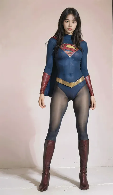 No background、(((Looking down、Looking down)))、(((Beautiful legs in black tights.)))、(((Legally express the beauty of your smile)))、((((Make the most of your original images)))、(((Supergirl Costume)))、(((Beautiful short bob hair)))、(((suffering)))、(((Please...