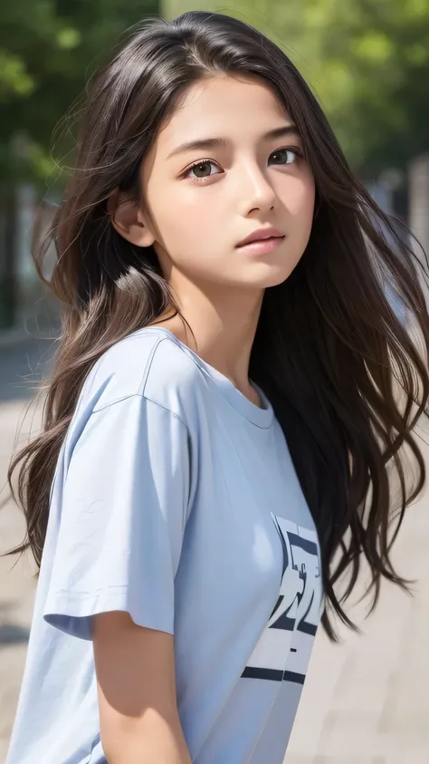 Highest quality、Realistic、、zoom、Primary school students、Girl、look up、cute、Light grey eyes、Black Hair、Long wavy hair、boyish、Tanned brown skin、Dark Skin、Light Blue T-Shirt、Eyes that see far、Face close-up、thin