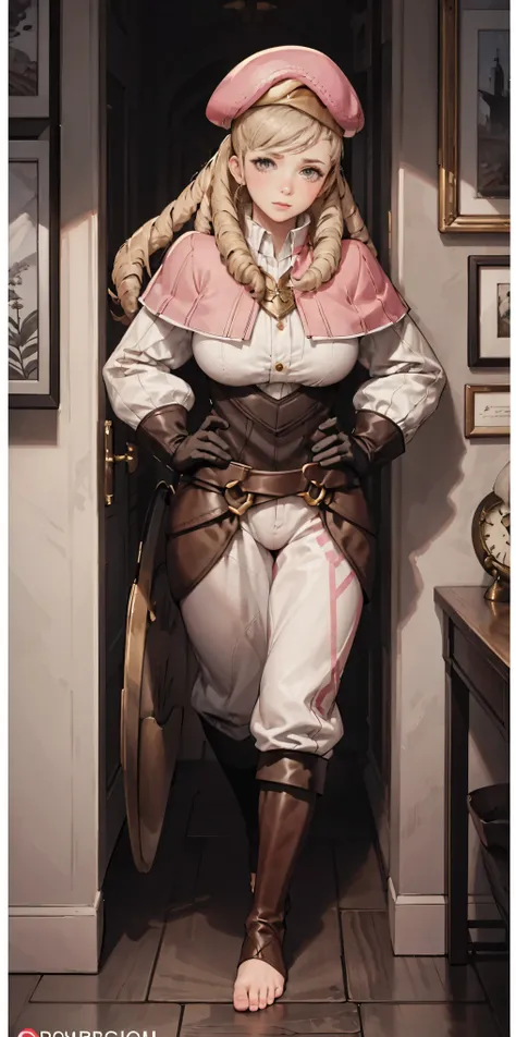 masterpiece, best quality, full body, barefoot, solo, female, big breast, feforrest, beret, pink capelet, pink tunic, white pants, brown gloves, upper body, looking at viewer, shy, from above, mansion, room, finely decorated room, pink theme, big breast bu...